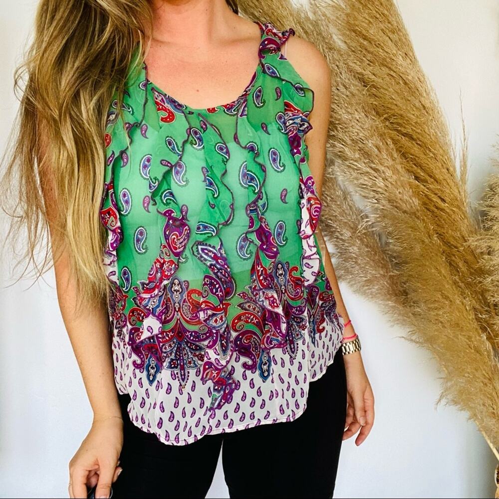 VINTAGE DMBM Green Purple White Ruffle Paisley Print Sheer Tank Top Blouse L Y2K